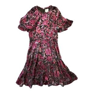 Salt Dark Rose Floral Burnout Velvet Midi‎ Dress Puff Sleeve Pink Purple Ruffle